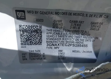 2023 Chevrolet Equinox Awd 2Fl из США, поврежденный, VIN 3GNAXTEG2PS195455